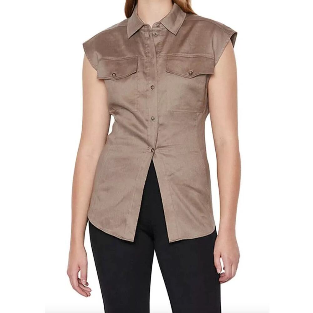 Frame Taupe Arie Sleeveless Linen Cotton Blend Button Down Top • Size XS ⬇️